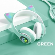 Бездротові Bluetooth-навушники "Котячі вушка" з мікрофоном та FM радіо Cat STN-28 AUX з підсвіткою Зелені